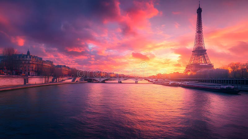 Sunset over paris with the eiffel tower silhouetted against a green toned gradient sky generative ai sunset over paris with the ilustração stock