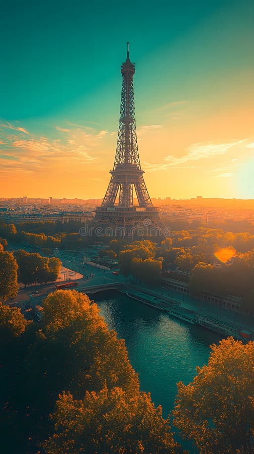 Sunset over paris with the eiffel tower silhouetted against a green toned gradient sky sunset over paris with the eiffel tower ilustração stock