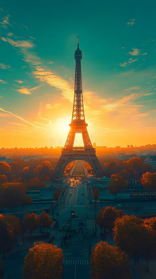 Sunset over paris with the eiffel tower silhouetted against a green toned gradient sky sunset over paris with the eiffel tower ilustração do vetor