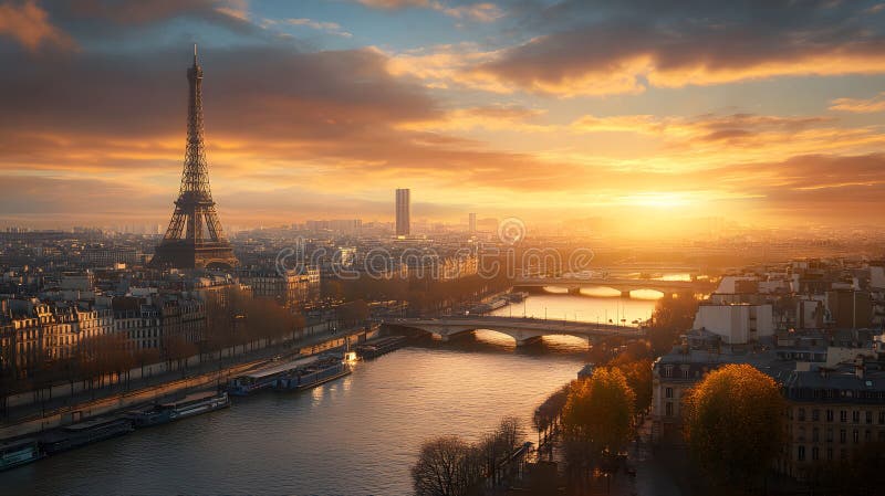 Sunset over paris with the eiffel tower silhouetted against a green toned gradient sky sunset over paris with the eiffel tower ilustração royalty free