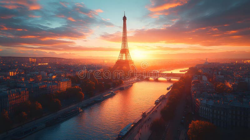 Sunset over paris with the eiffel tower silhouetted against a green toned gradient sky sunset over paris with the eiffel tower ilustração stock