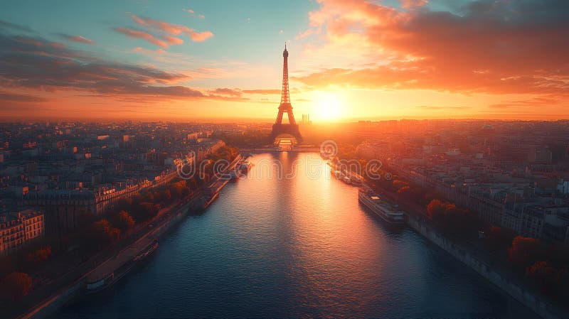 Sunset over paris with the eiffel tower silhouetted against a green toned gradient sky sunset over paris with the eiffel tower ilustração stock