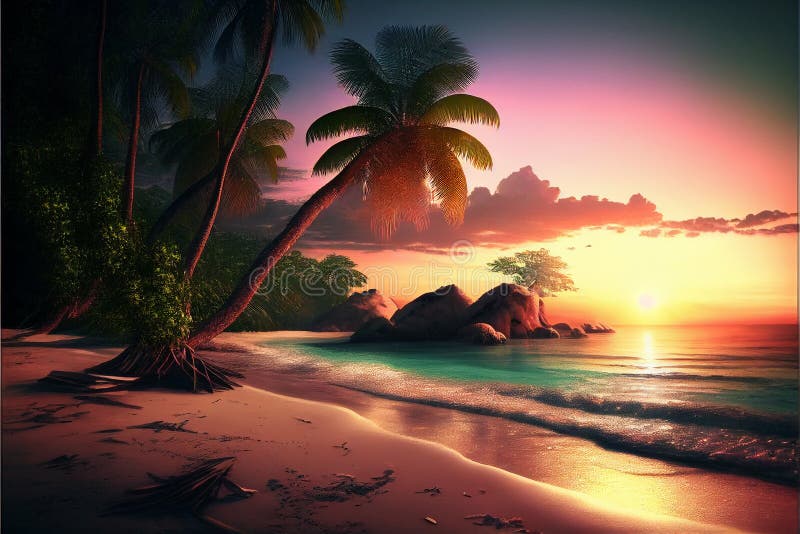 Sunset Over a Picturesque Tropical Beach. AI Generated. Stock Photo ...