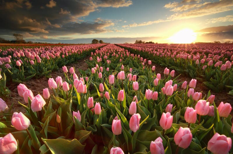 Sunset over pink tulip field