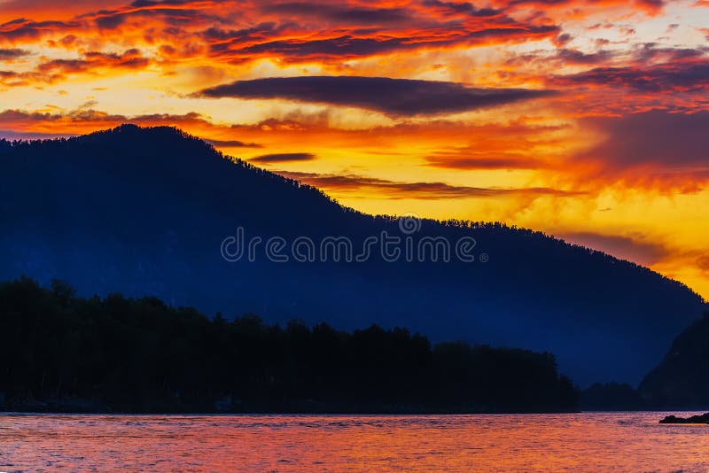 Sunset Over The River Katun River Gorny Altai Siberia Russia Stock