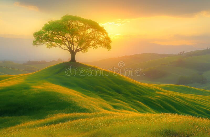 Apus peste dealuri cu un copac singuratic stock illustration