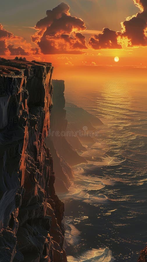 Sunset over rugged cliffs by the ocean royalty free stock photography