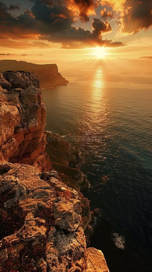 Sunset over a rugged coastline royalty free stock image