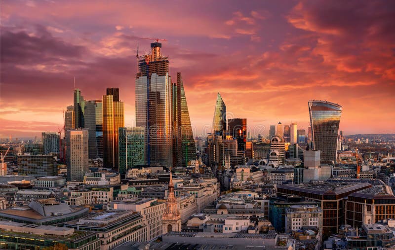Sunset over the skyline of the City of London, United Kingdom