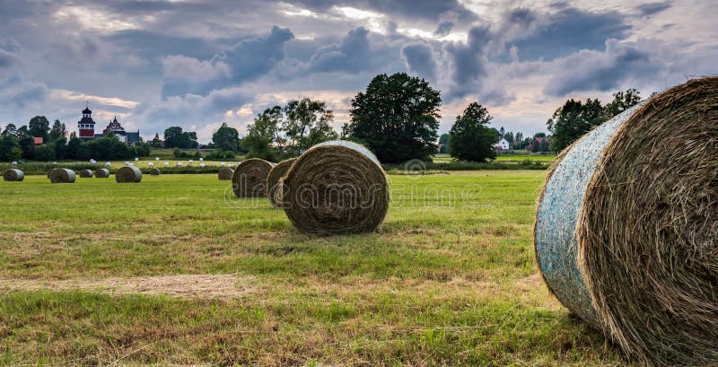 Sunset over the Swedish landscape with rolled grass in the fields that the farmers work with during the month of July