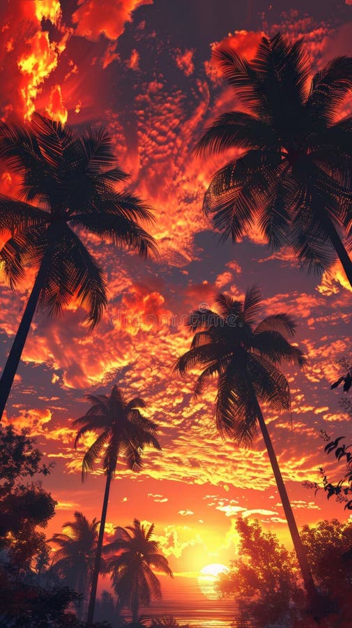 Sunset Over Tropical Beach With Palm Trees And Dramatic Sky Stock Photo Sunset Over Tropical Beach With Palm Trees And Dramatic Sky Stock Photo