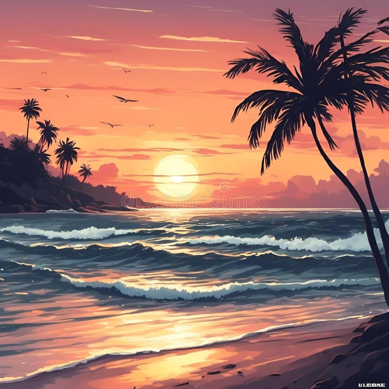 Sunset over tropical beach with palm trees and waves. royalty free illustration
