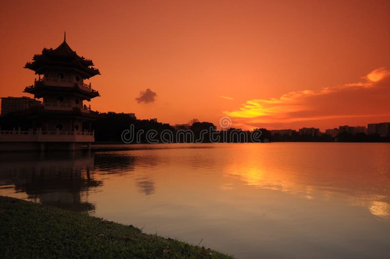 Sunset and pagoda in the park