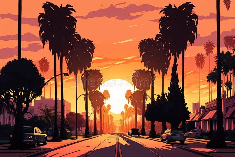 Sunset On A Palm Tree Lined Street In Beverly Hills Los Angeles Stock sunset-on-a-palm-tree-lined-street-in-beverly-hills-los-angeles-stock