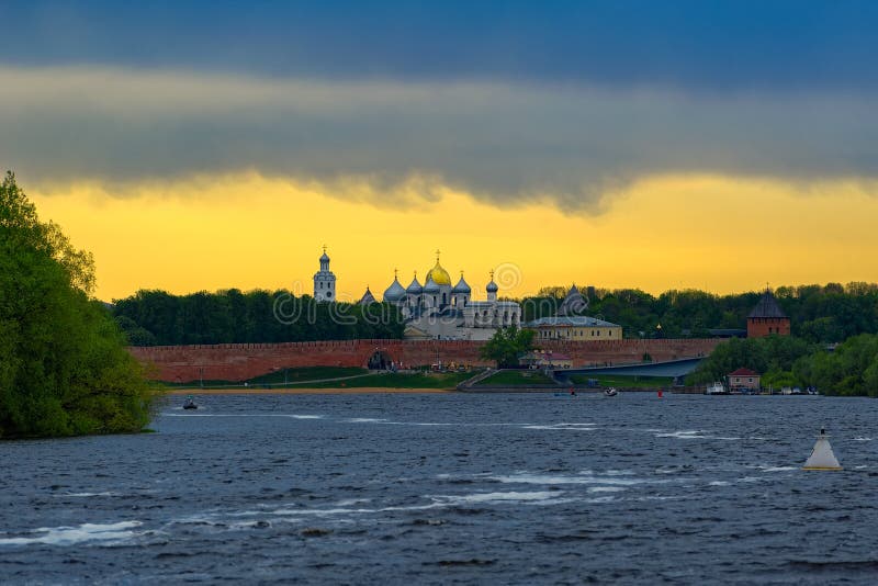 Sunset panorama of River Volkhov and Kremlin, Veliky Novgorod, R royalty free stock image Sunset panorama of River Volkhov and Kremlin, Veliky Novgorod, R royalty free stock image