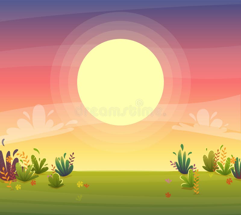 Sunset park background, nature park or forest lawn glade and sunset sky sun violet and pink clouds. vector cartoon illustration