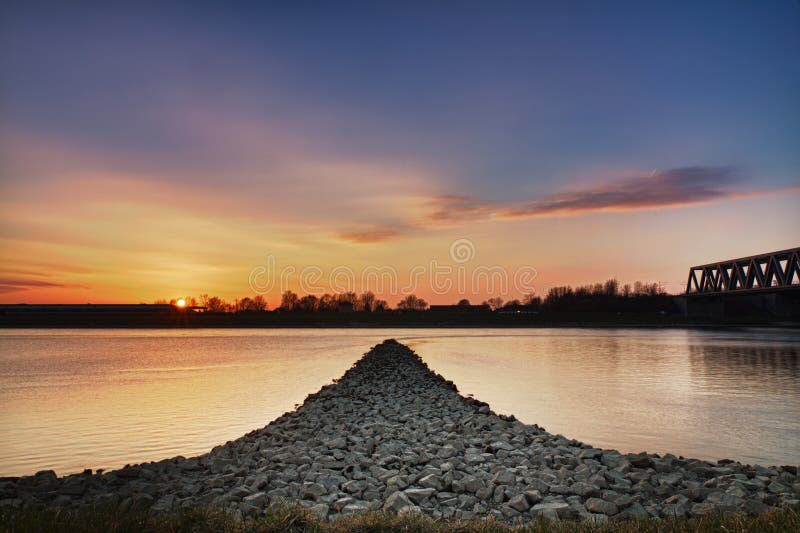 Sunset at Rhein river near Karlsruhe, Wörth, Germany. Hdr bridge stock images, royalty-free photos and pictures