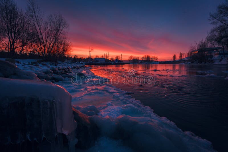 Sunset on the river stock image. Image of night, arctic - 107874079