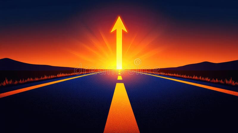 Sunset road arrow leading towards horizon with bright light stock photo