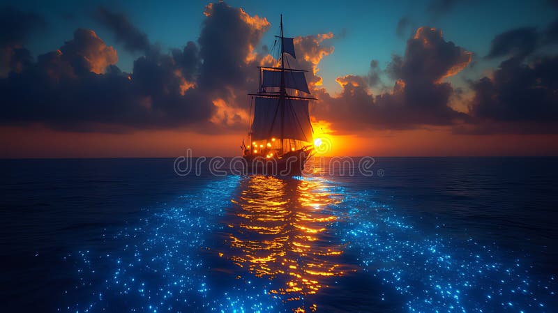 Sunset Sailboat Ocean Bioluminescence Dramatic Sky vektor illustrationer