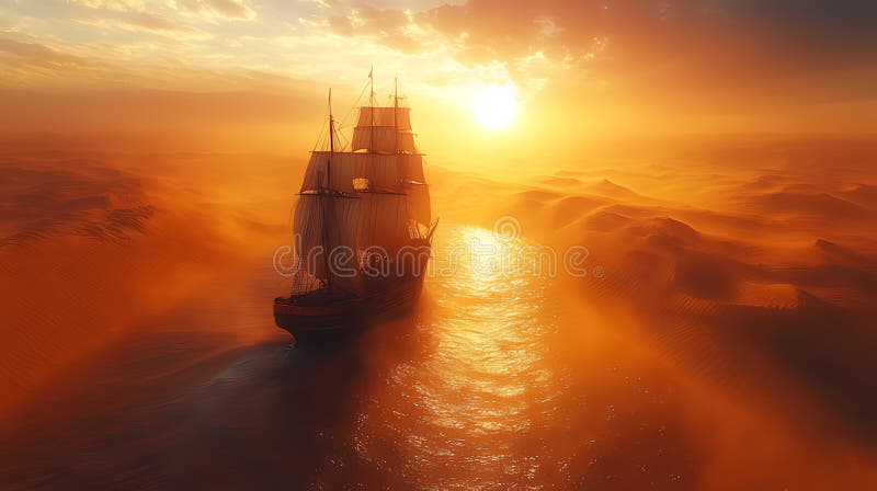 Sunset Sailboat Ocean Mist Fantasy liggande royaltyfri illustrationer