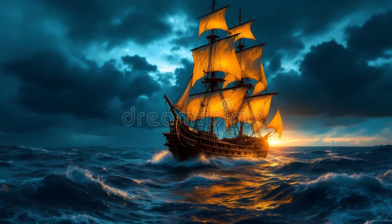 Sunset Sailboat Ocean Storm Dramatic Artwork stock illustrationer