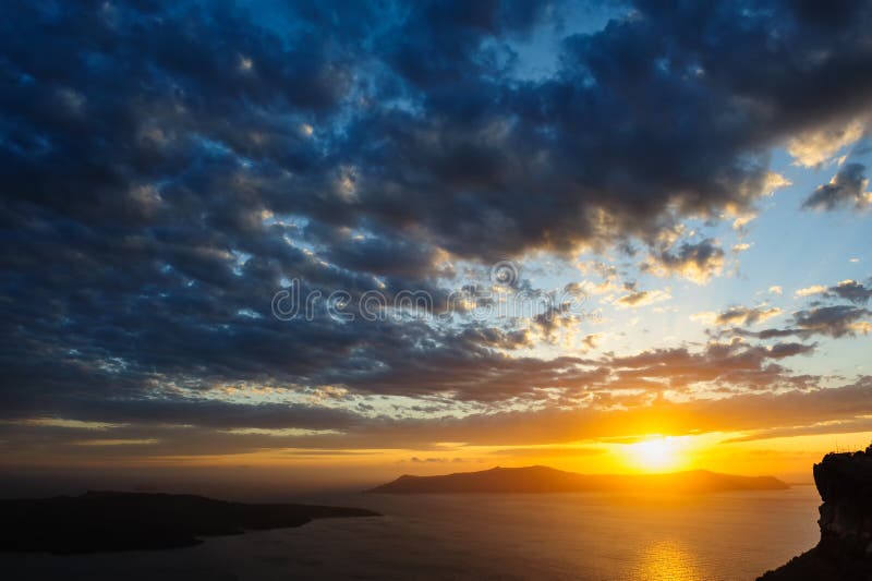 Sunset at Santorini, Greece. View to caldera sea.