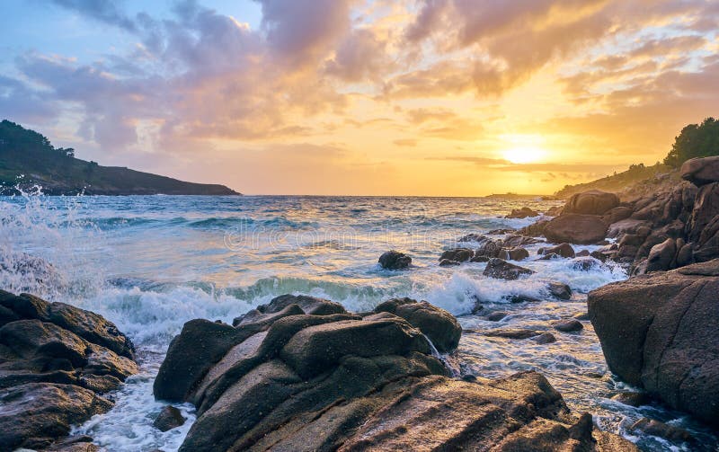 Sunset of the Sea with Rocks and Mountain in the Background. Beach and Sea  Water with Long Exposure Stock Photo - Image of calm, dusk: 158459146