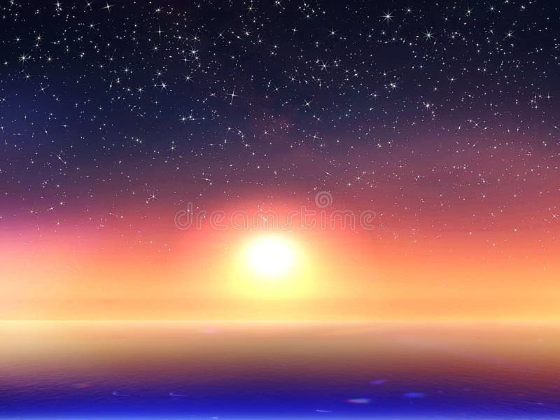 Starry sky and sunset sun pink orange on horizon blue sea wave reflection on water light ocean landscape nature