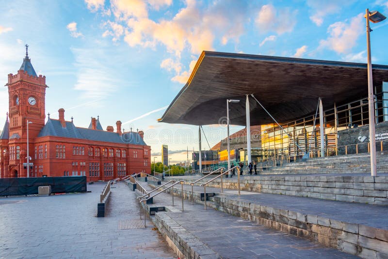 Sunset of the Senedd in Cardiff, Wales