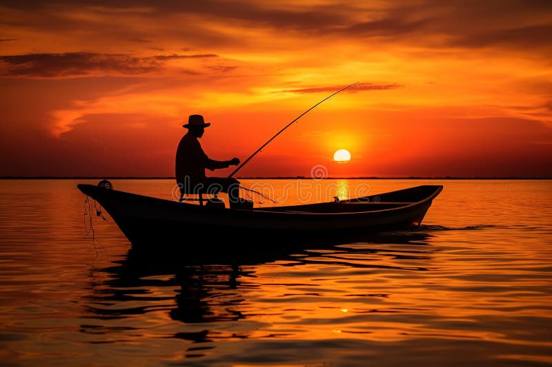 Sunset silhouette fishing. Generative AI