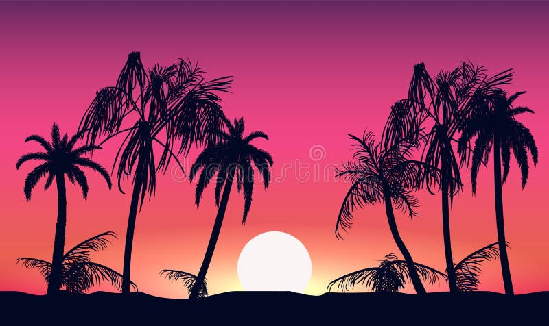 Hot Sunset Evening And Silhouettes Palm Trees Beach Tropical On