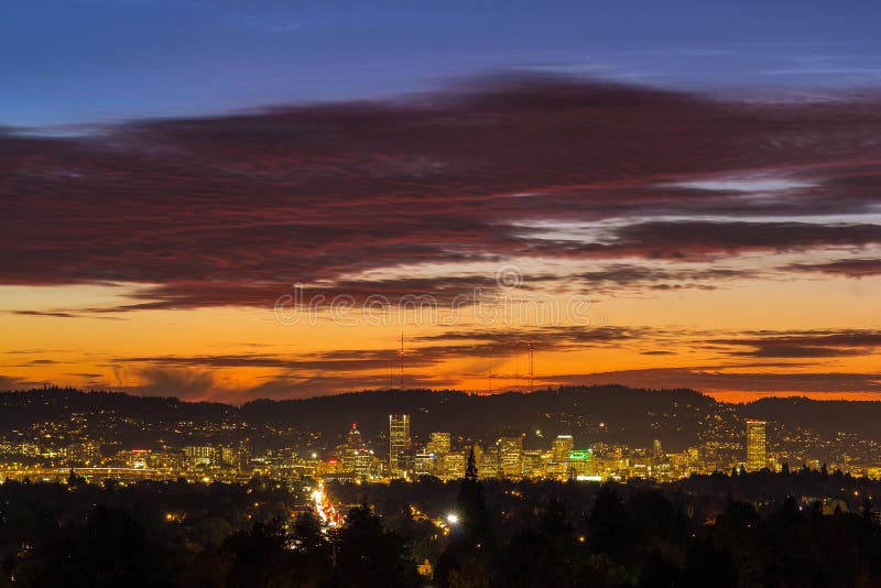 Sunset Sky Over Portland Oregon City Skyline Stock Image Image of
