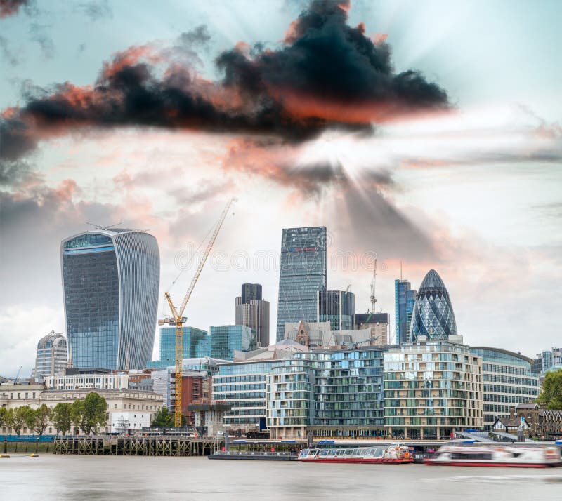 Sunset skyline of City of London, UK royalty free stock photography