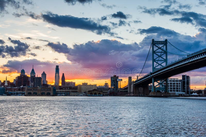 sunset skyline of philadelphia pennsylvania from camden new jersey with benjamin franklin bridge