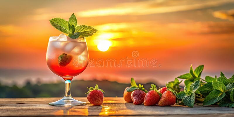 Sunset strawberry mint cocktail on wooden table. Generative AI stock illustration