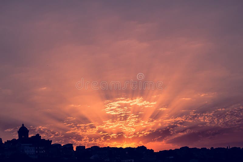 Sunset And Sunrise Golden Sky With Amazing Twilight Stock Photo