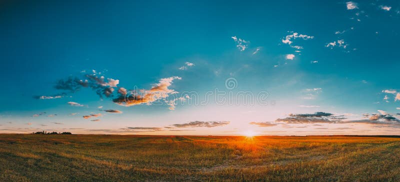 Sunset, Sunrise Rural Meadow Field In August Month. Countryside