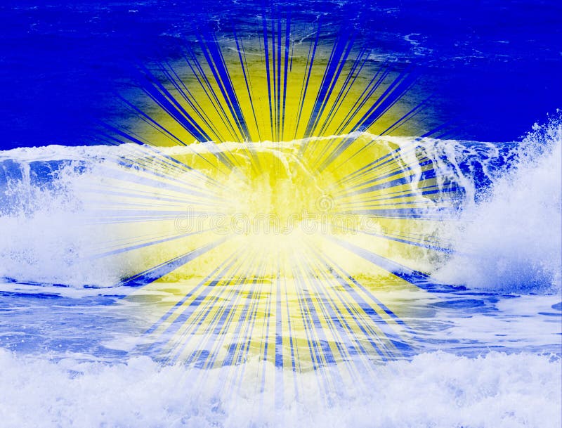 Sunset sunrise sea view abstract illustration. Rising sun behind white water foam and sea waves against clear bright blue sky.