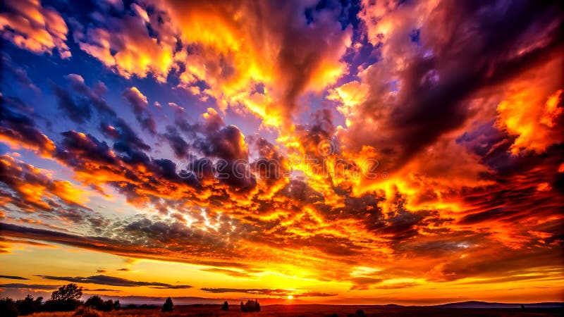 Sunset Symphony A Golden Canvas Painted Across the Sky Generative AI Algorithmically generated. A vibrant sunset, captured in all its glory. The sky is a canvas of warm hues, from fiery oranges to deep purples, as the sun descends below the horizon. Clouds are painted with gold, reflecting the last rays of sunlight. Generative AI Algorithmically generated