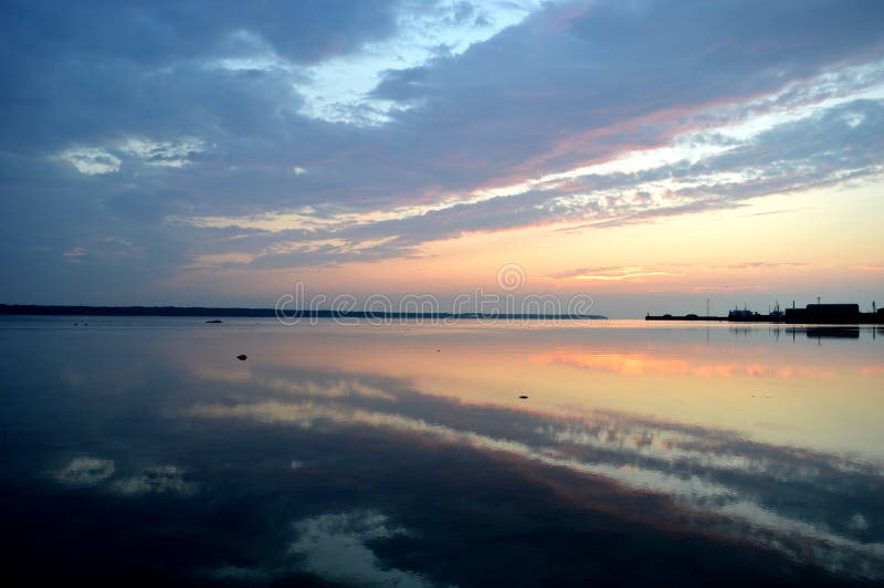 Sunset Tallinn . Old Town Panorama Starry Night and Moon on Sky,summer