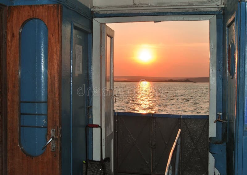 Sunset Throw the Open Doors on a Ship Stock Image Image of window