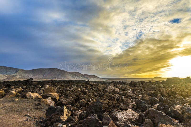 Sunset at Timanfaya volcanic national Park in Lanzarote