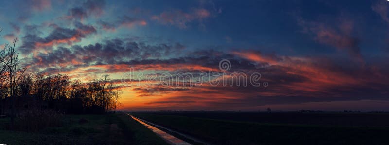 Sunset time in winter Italian countryside