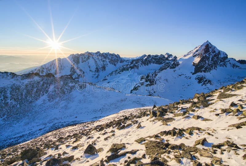 Sunset from the top of Koncista peak in High Tatras during winter