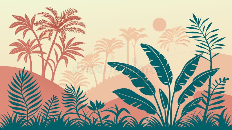 Sunset Tropical Jungle Plants Vector Landscape, vector design Generative AI royalty free illustration