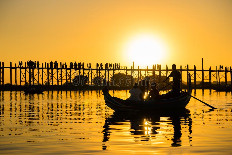 Sunset at Ubeng bridge,The longest wooden bridge in Mandalay,Myanmar.