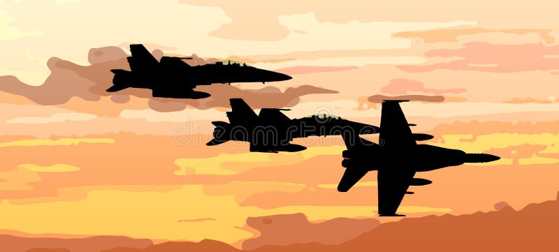 Sunset vector with airplane jet fighter