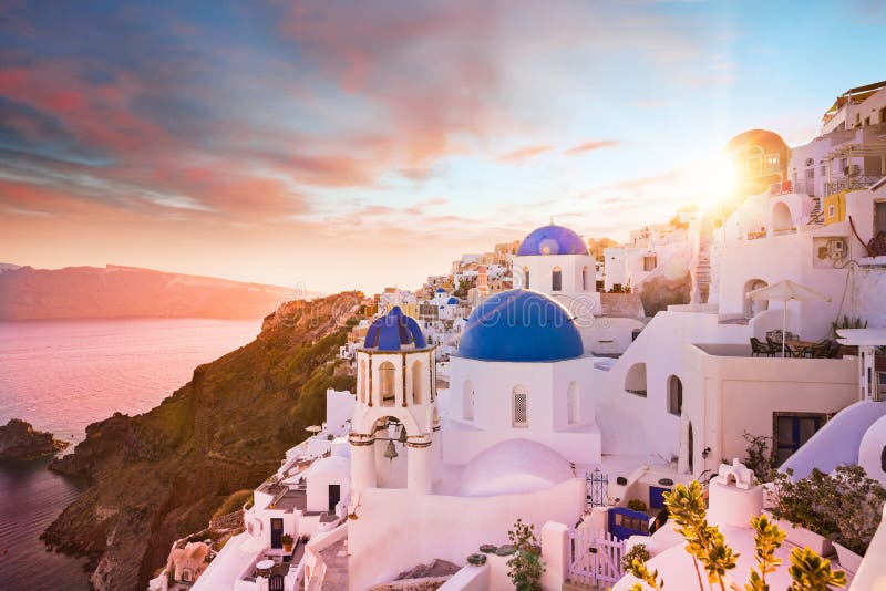Sunset View of the Blue Dome Churches of Santorini, Greece. Stock Image ...