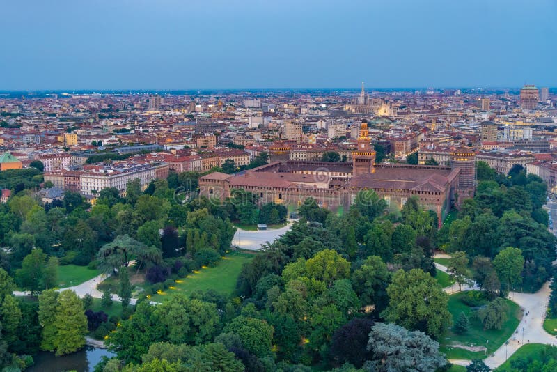 Sunset View of Castello Sforzesco from Torre Branca in Milano, Italy ...